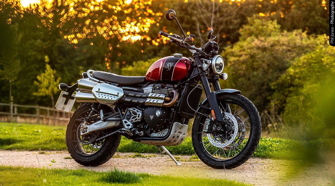 Triumph Scrambler 1200 XC motorcycle against sunset